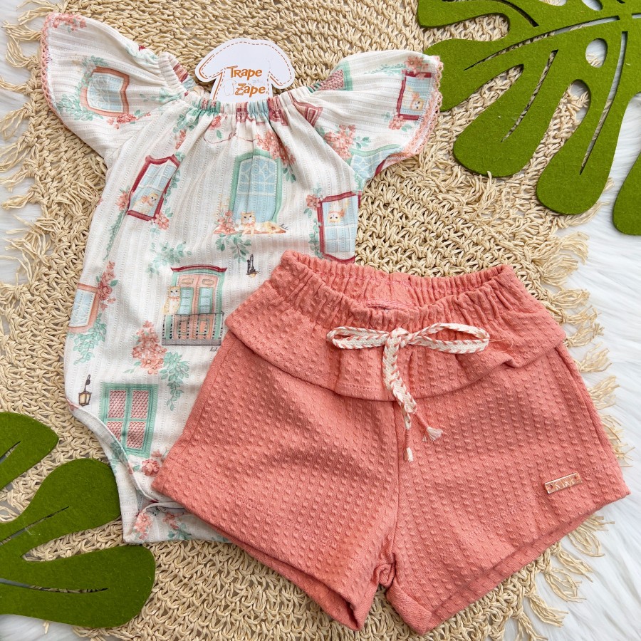 Conj. Body Gatinhos com Flores e Short - Areia e Rose